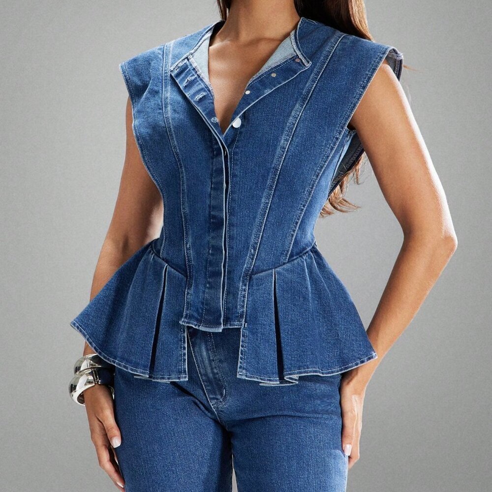 Medium Wash Casual Women's Round Neck Sleeveless Button Down Denim Tank Top - Picture 4 of 5